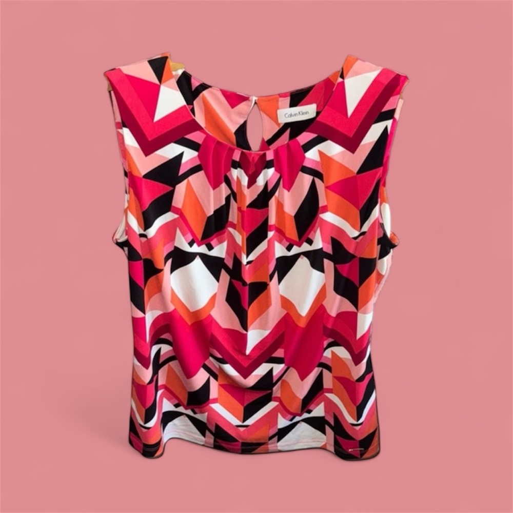 Calvin Klein Women's Size Large Pink and Orange Geometric Pleated Sleeveless Top